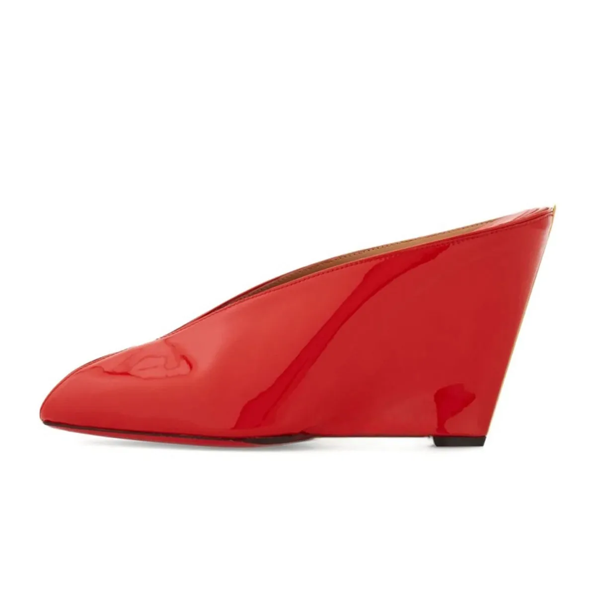 

Arden Furtado Summer Red Patent Leather Wedge Slippers Peep toe shoe Round toe Pull-on High-heeled Word slippers dinner Mules
