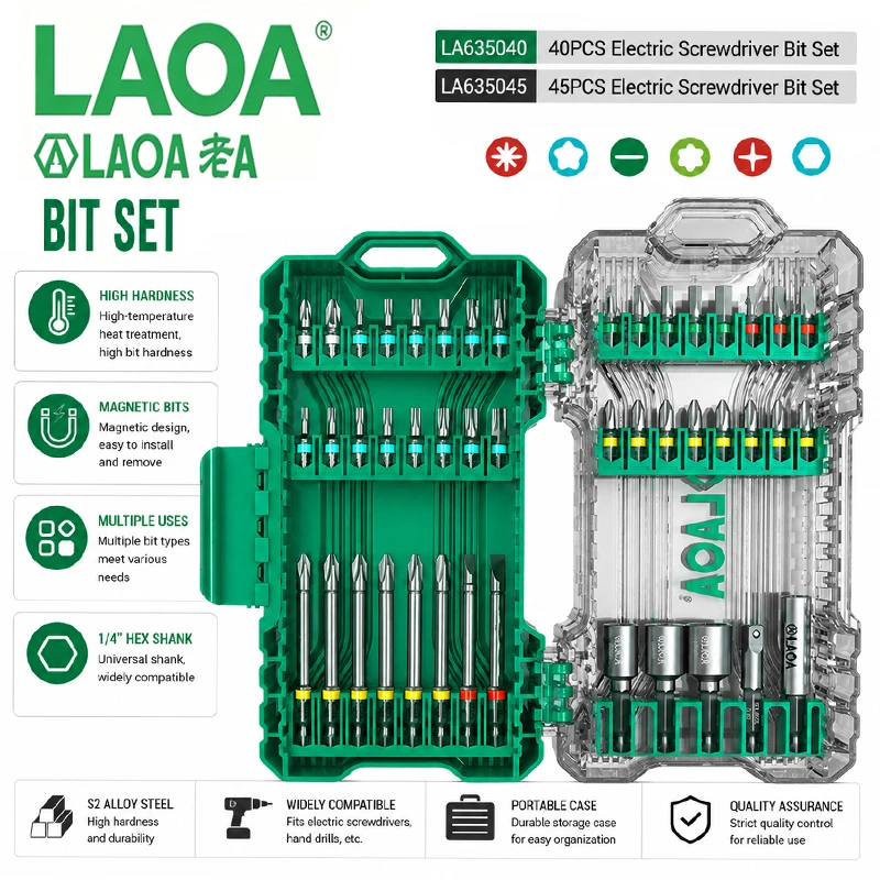 laoa-s2合金鋼製ドライバービットキット、40-45ピース磁気電動ドリルビット、家庭用および工業用修理用