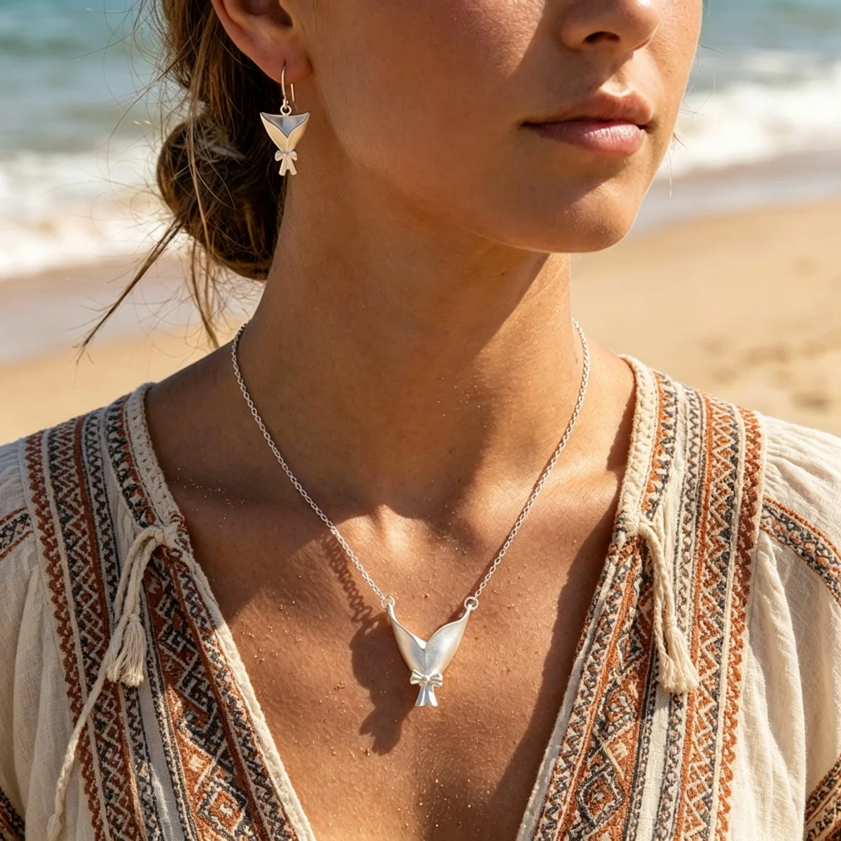 Kreatives Schleifenknoten-Blumenstrauß-Halter-Set in Form eines Anhängers, Halskette und Ohrringe für Damen und Herren, süßes, elegantes DIY-Blumenclip-Schmuckset. – Detail 8