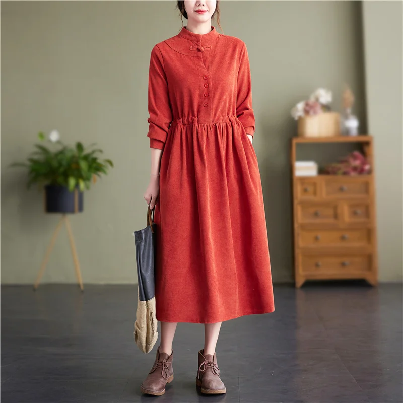 

NYFS 2023 Autumn New Vintage Corduroy Womens Dresses Vestidos Robe Ete Femme Elbise Long Sleeve Solid Loose Long Dress