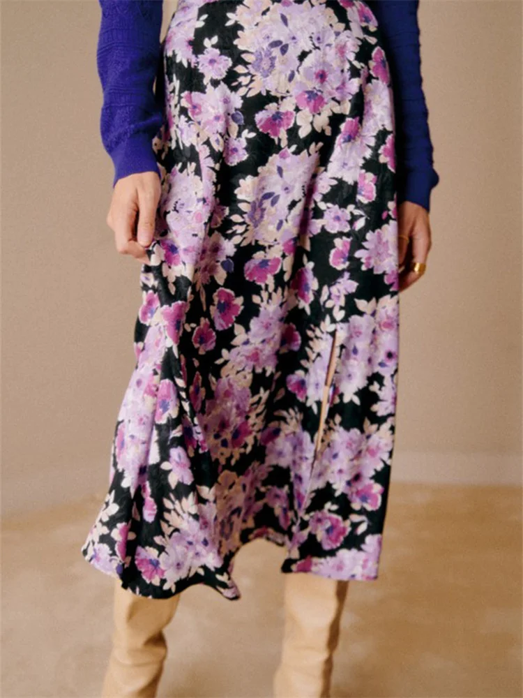 Retro French Floral Print Women Purple Slit Midi Skirt 2024 Spring New High Waist Ladies Long Skirts for Holiday