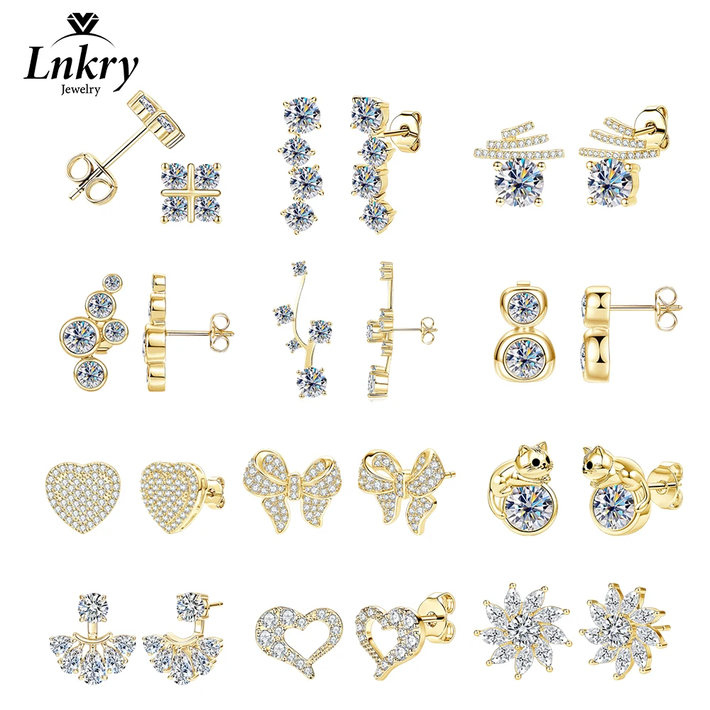 Lnkry Test Passed Moissanite Diamond Earring Exquisite Heart/Snowflake/Bow/Cat Shaped Stud Earrings for Women Daily Jewelry