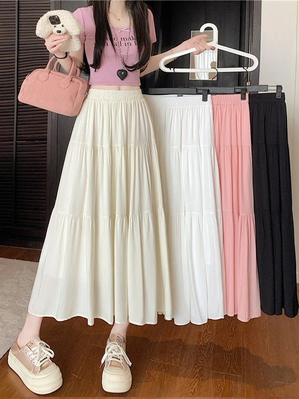 

Розовая юбка миди А-силуэта для женщин, летняя, универсальная, свободная, стройнящая, маленьких размеров, с высокой талией, длиной до колена