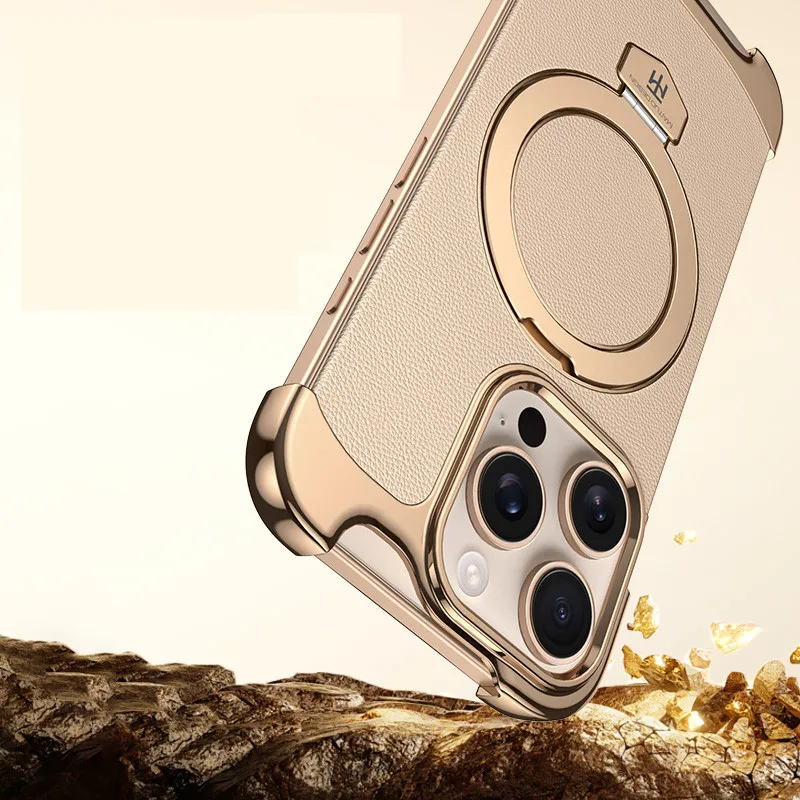 

Металлический кожаный безрамный чехол для телефона iPhone 17 16 15 Pro Max iPhone 17 Air с подставкой Magsafe Bumper Защитный чехол
