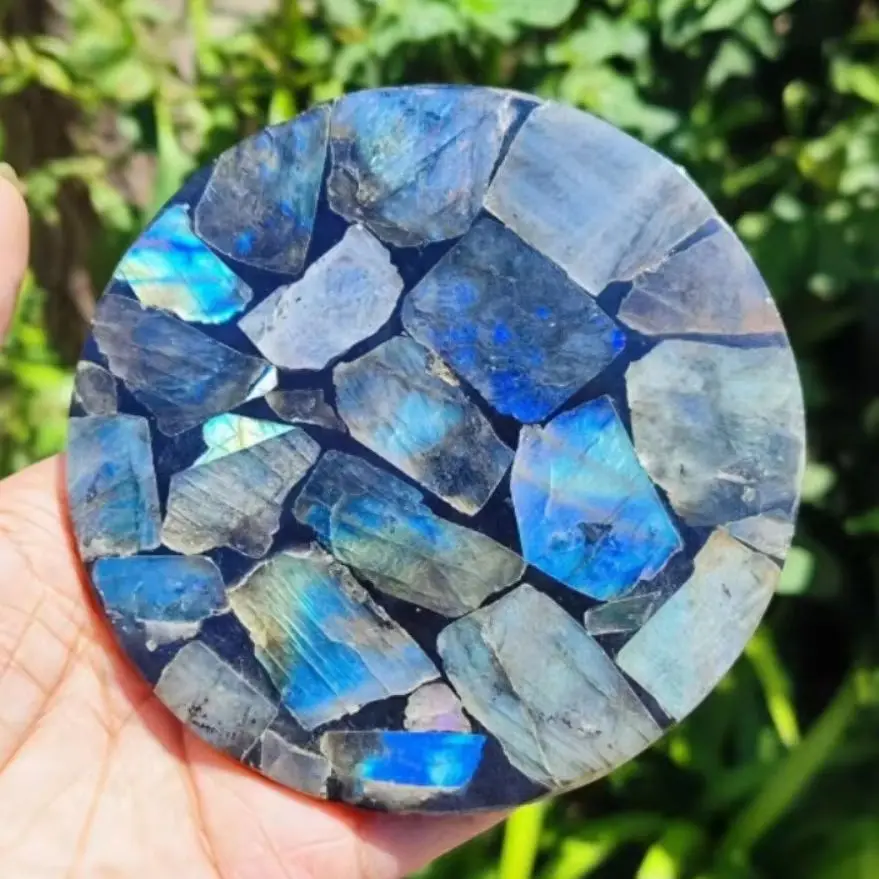 A set Natural Labradorite Round Slice,Blue Flash Circle Disk Round Plate Scrying Mirror Energy Witchcraft Craft Home Decor - view 2