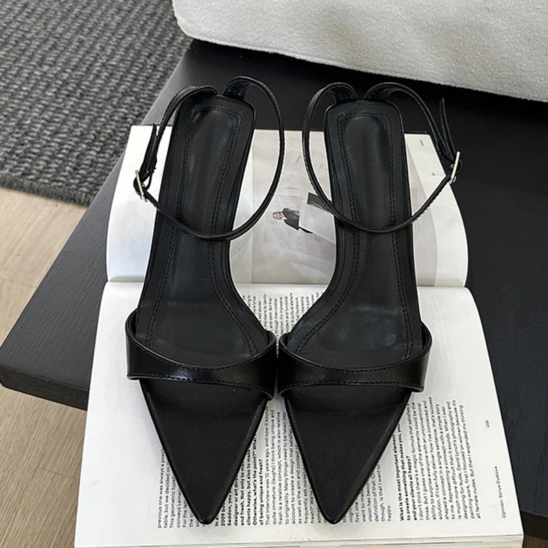 Liyke Fashion Black White Sandals For Women 2024 Summer Gladiator Pointed Toe Low Thin Heels Female Shoes Casual Roma Sandalias