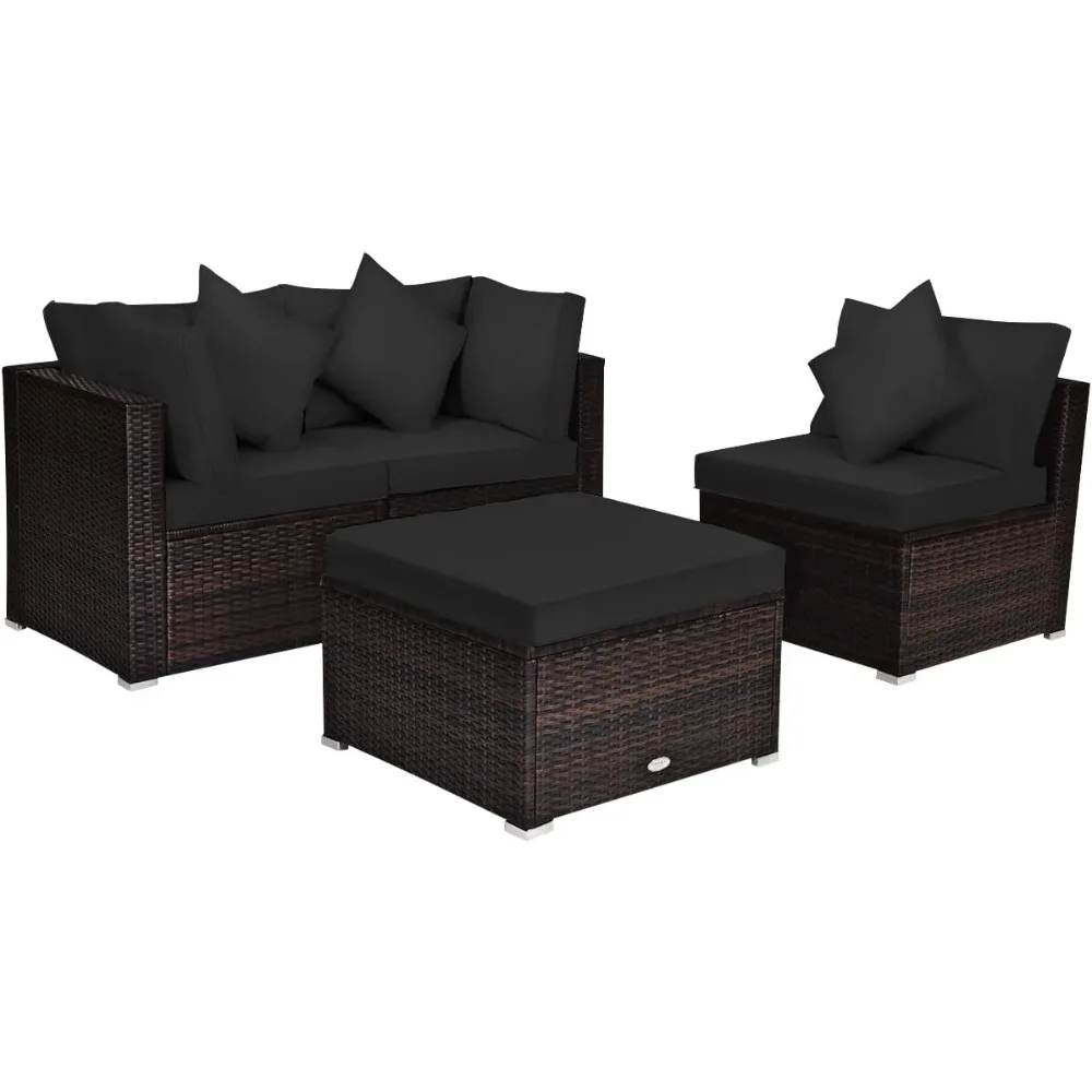 

4 Piece Patio Rattan Sofa Set, Outdoor Wicker Modular Furniture Set with Removable Cushions and Pillows for Backyard Garden