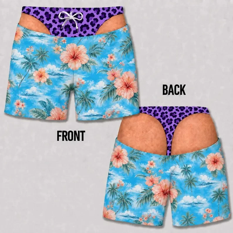 Hawaiian Hibiscus Palm Tree Beach Shorts for men Leopard Print Swim Trunks Summer Quick Dry Board Shorts Vacation Bathing Suit