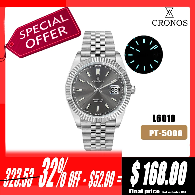 Cronos Datum Luxe Jurk Horloge Voor Mannen Roestvrij Staal 5 Links Armband Koper-Nikkel Platina PVD Bezel 100 m Waterdicht