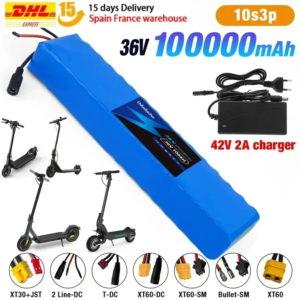 10S3P 36V 100Ah 18650 batterie au Lithium Rechargeable 1000W puissance modifiée vélo scooter électrique véhicule BMS + 54.6V chargeur