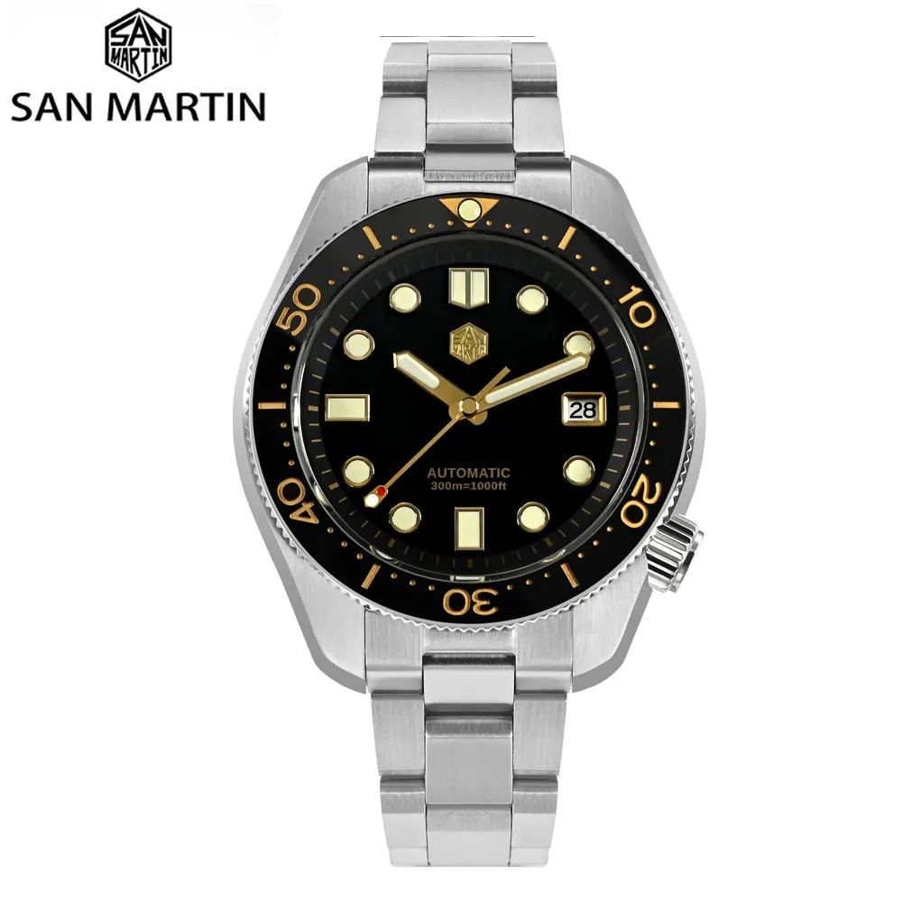 Reloj San Martin 44mm MM300 Black Turtle NH35 para Hombre, Reloj mecánico Vintage con abertura para fecha de zafiro, esfera dorada 30Bar Reloj para Hombre SN0087