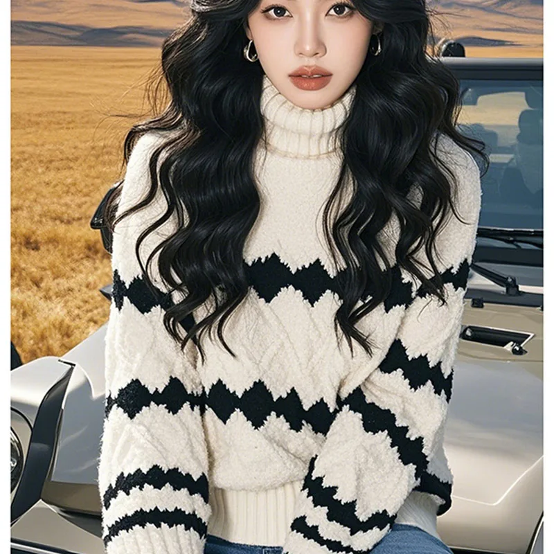 

Autumn Winter Geometric Jacquard Turtleneck Pullovers Women Clothing Vintage Commute Warm Sweaters Fashion Loose Thick Knit Tops