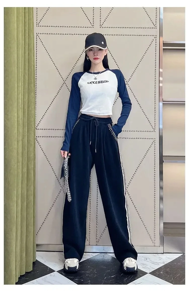 Black Causal Straight Leg Wide Leg Pants Women Sweatpants Korean Diamonds Side Striped Lace Up High Waisted Long Trousers Mujer