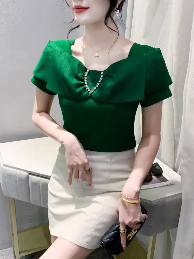 

Female Short Sleeve Cotton T-shirt Girls Slim Stretchy Patchwork Fashion Bow Square Collar Tshirts Summer Tops for woman