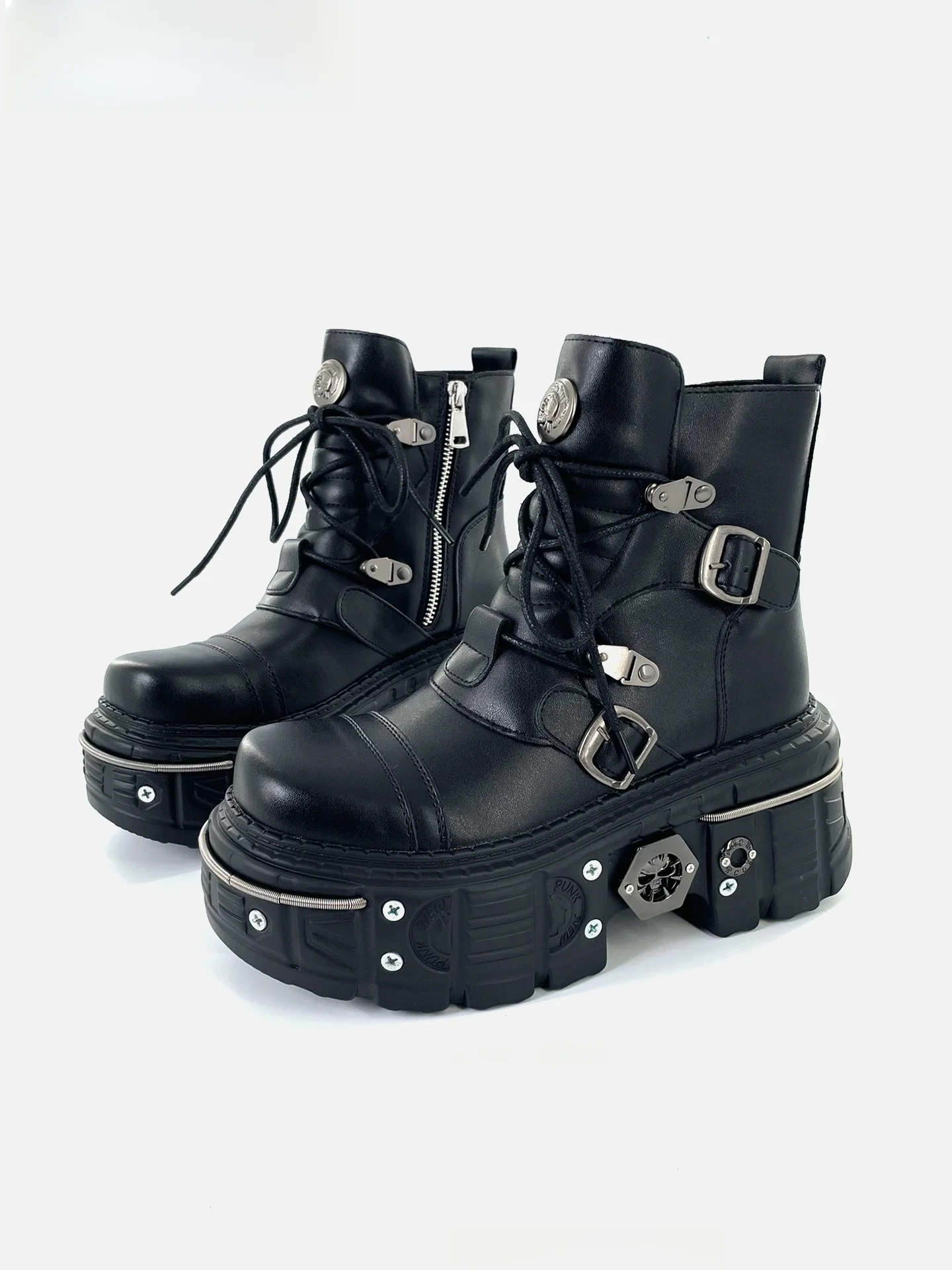 

Trendy Punk Metal Thick Bottom Motorcycle Boots Unisex Heightening Short Boots round Toe High Heel Rubber Outsole
