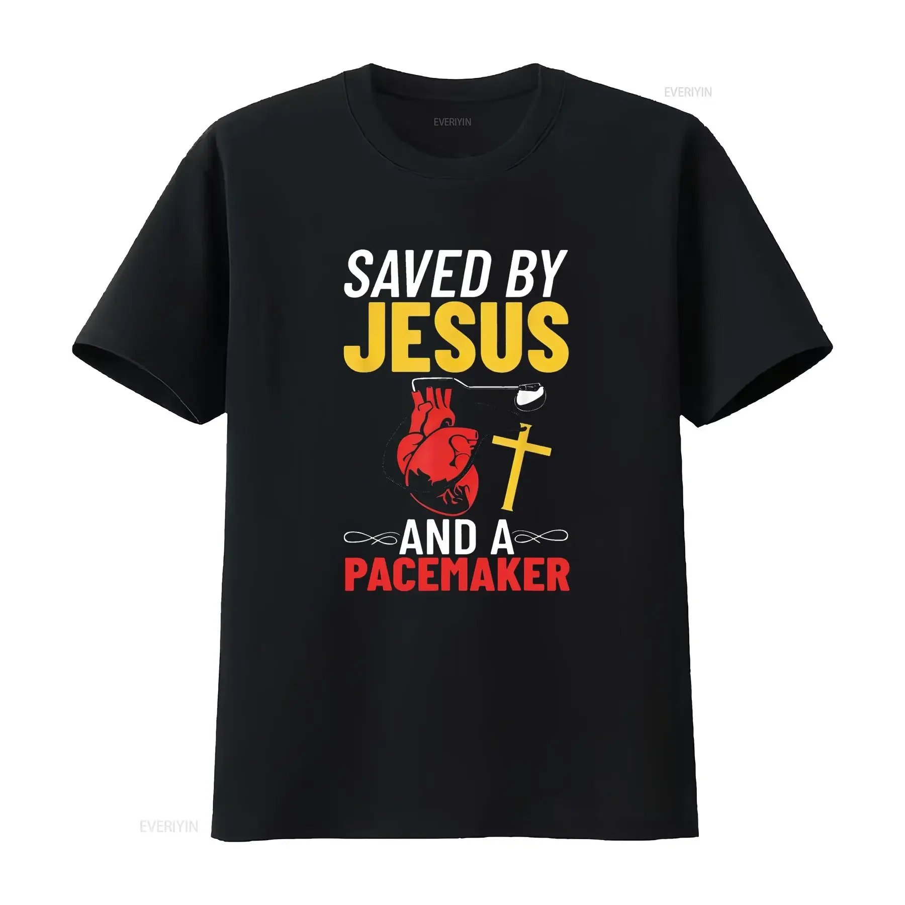 

Womens Saved By Jesus And A Pacemaker Heart Disease Awareness T Shirt Black vintage Washed streetwear Soft Stretched Casual