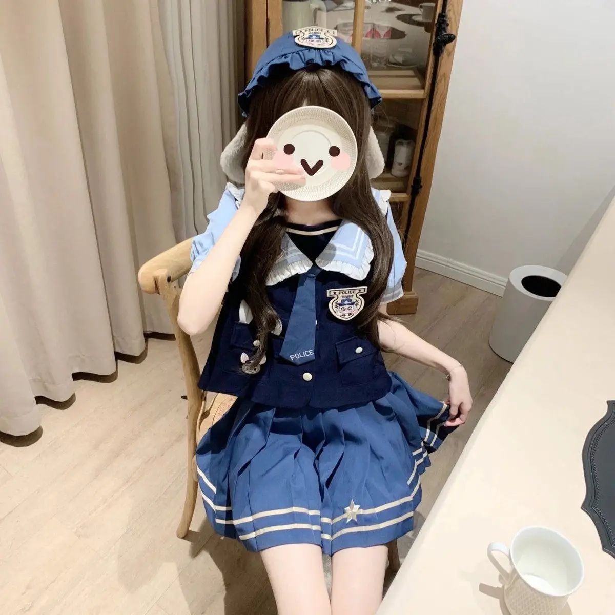 Japan JK Uniform Skirt Set Lolita Contrast Color Navy Collar Ruffle Shirt High Waist Pleated Skirt Two Piece Sets Women Outfits