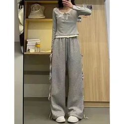 Korean Style Wide-Leg Pants for Female New Bow Design Super Sweet High Waist Slim Casual Shirt Spring Korean Style Gentle Wear