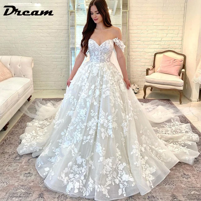 DREAM Vestido de Novia Princesa Boho Personalizado para Mujer, Hombros Descubiertos, Escote Corazón, Apliques de Encaje, Vestido de Baile Elegante 2026, Modelo Hecho a Medida para Boda y Novia Moderna, para Ceremonias.