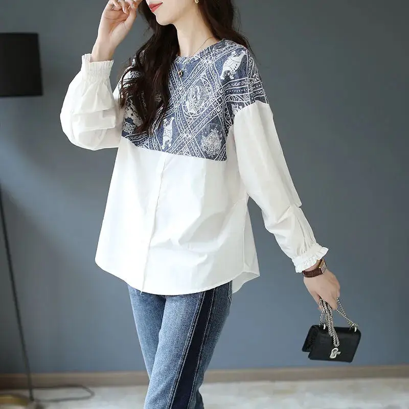 Korean Version Loose Splicing Long Sleeve Shirt for Women\'s Spring Autumn New Loose Slimming Artistic Style Casual Versatile Top