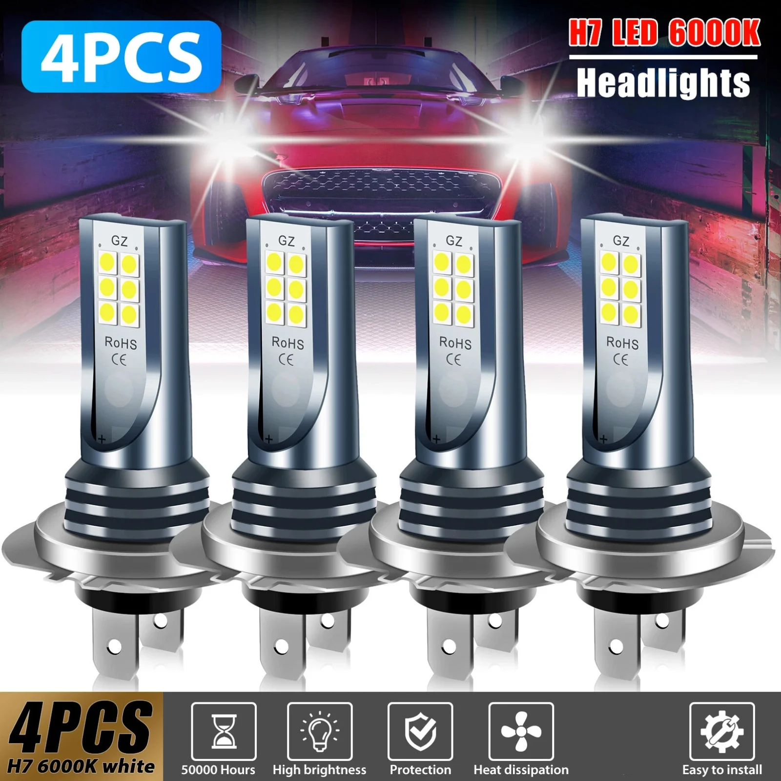

4PCS H7 12SMD 2835 LED Headlight KIT Combo Bulbs High Low Beam Super Bright White 6000K