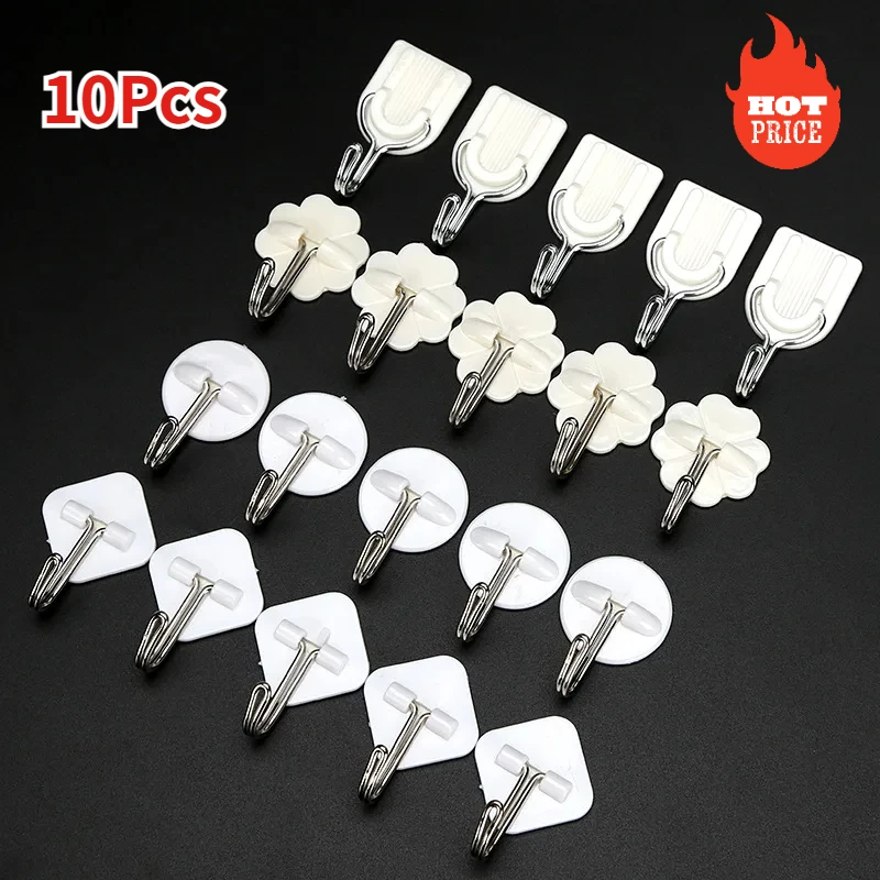 

10PCS White Plastic Strong Self-adhesive Hook Kitchen Bathroom Hooks Door Wall Multifunctional Key Storage Hooks for Hanging