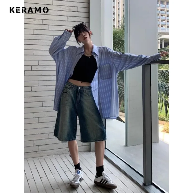 

2024 Summer Y2K Harajuku High Waist Street Style Baggy Shorts For Women Casual Loose Fit Jean Female Washed Blue Denim Shorts