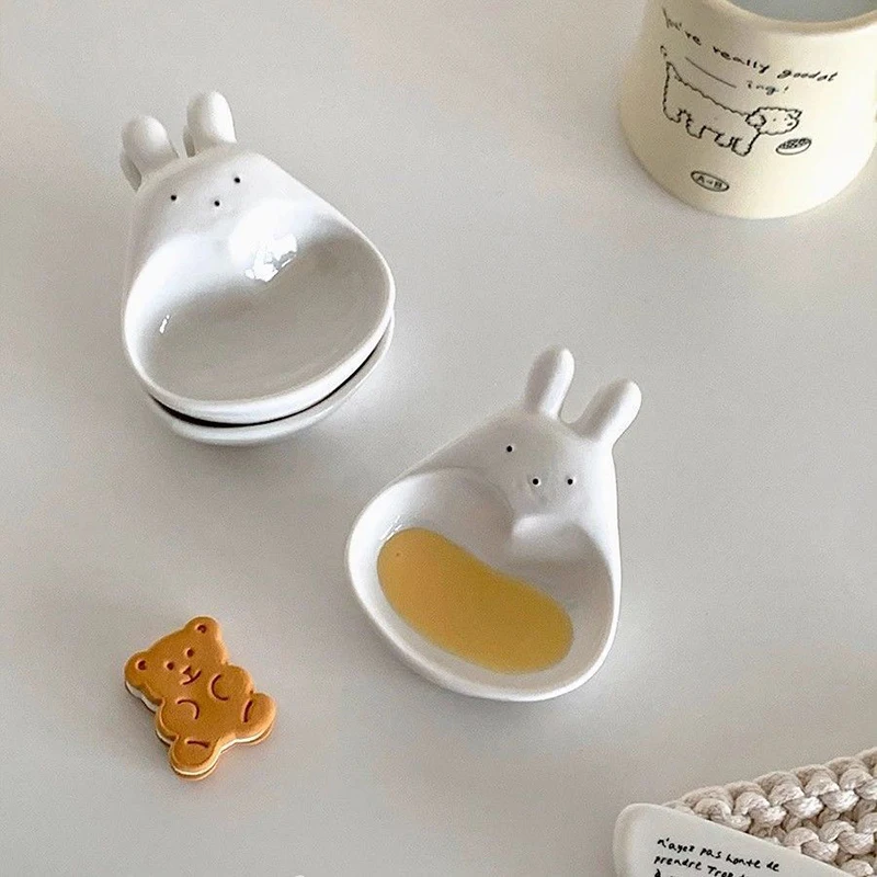 1Pc Cute Cartoon Rabbit/goose Condiment Dish Household Three-dimensional Ceramic Dish Ketchup Snack Plate Vinegar Condiment Dish