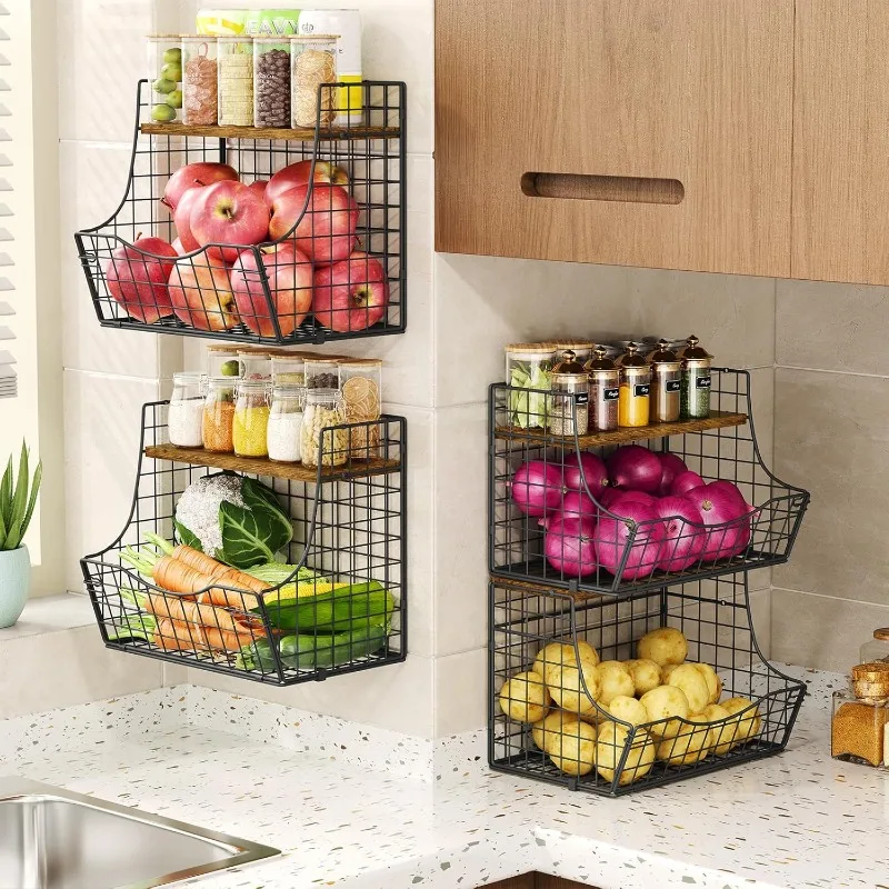 

Jautokerdar Kitchen Fruit Basket with Lid, Countertop and Wall Mounted Hanging Fruit Basket, Potato and Onion Storage,Wire Fruit