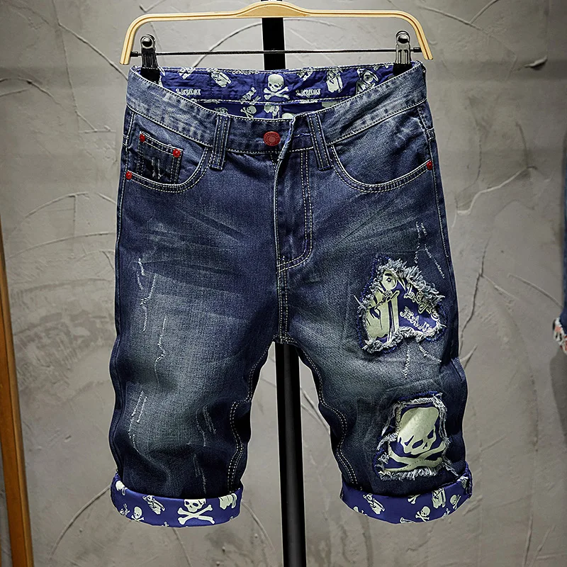 

Handsome Motorcycle Denim Shorts Men's Summer Street Fashion Personalized Printed RippedinsHigh Street Slim-Fit Retro Shorts