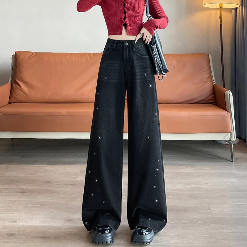 

New Style High Wide Leg Jeans Rhinestone Embellishments Floor-Length Slimming Loose-Fitting Straight Leg Pants Women Jeans