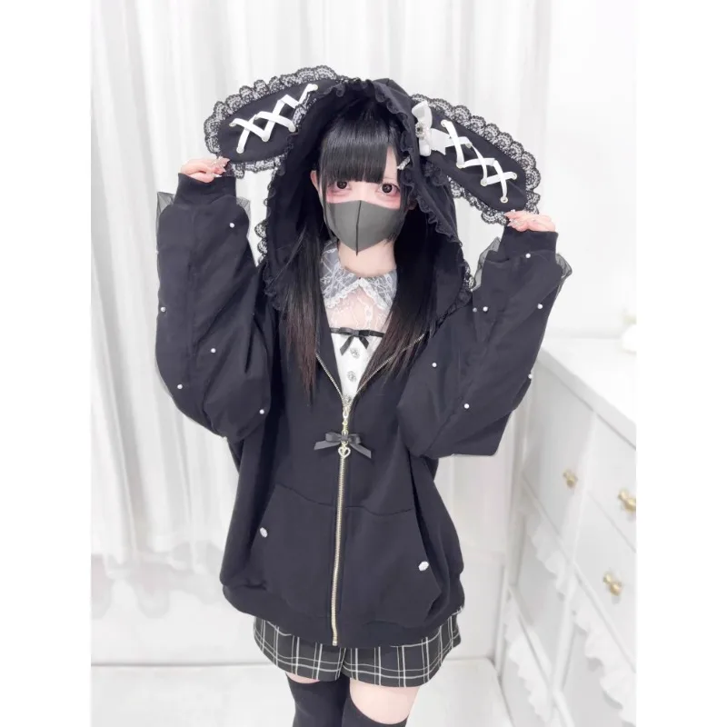 Autumn New Japanese Rojita Cartoon Rabbit Ear Hooded Bow Pearl Decorative Long-sleeved Jacket Mass-produced Mine Series Top Coat