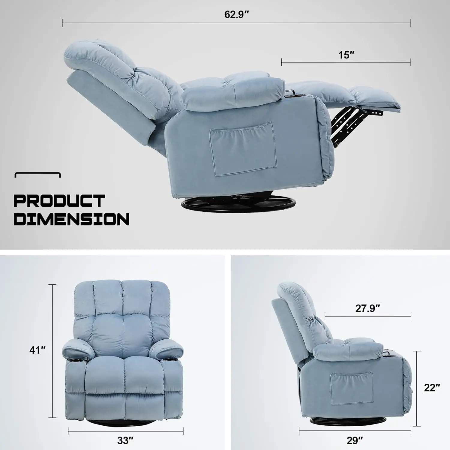 Manual Recliner Chair, Rocking Chair for Adults with Massage and Heat, Upholstered Swivel Reclining Chair for Living Room