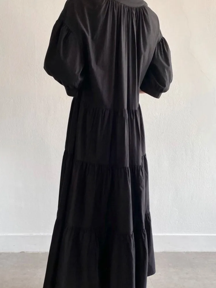 Sukienka damska letnia vintage oversize z bufiastymi rękawami, koreańska nowa, jednorzędowa, codzienna, luźna, długa sukienka damska, vestidos