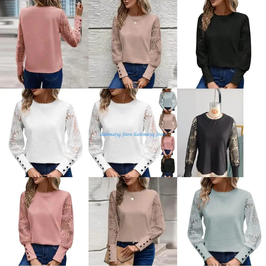 

573B Knit Tops for Women Lace Mesh Long Sleeve Sweater Crewneck Pullover Shirt Lightweight Blouse