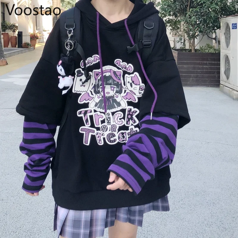 Gothic Anime Print Hoodies Fake Two Piece Hooded Sweatshirt Striped Long Sleeve Patchwork JK Hoodie Teens Punk Y2K Clothes Tops