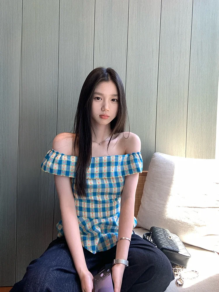 

YOKLASS Women's Plaid One oulder ort Sve irt Slim Fit Waist Cinched Lace Trim Design Summer Korean Sle Top