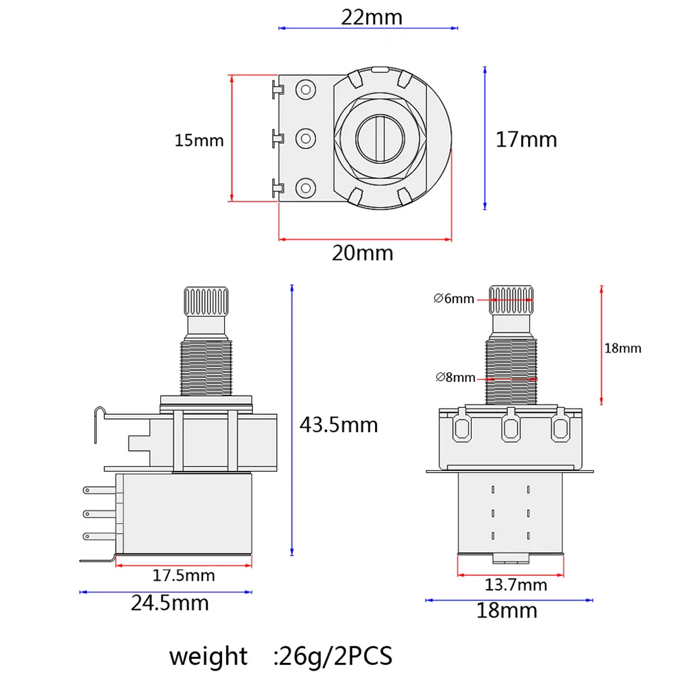 

2Pcs Guitar Audio Potentiometer B1m Split Shaft Linear Log Taper Tone Volume Replacement for Electric Guitar