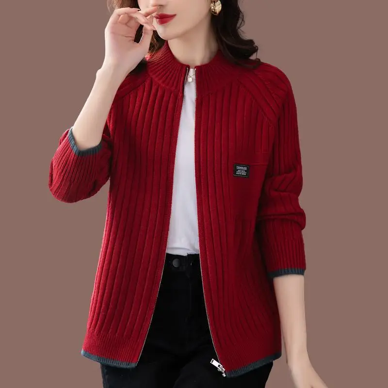 Simplicity Elegant Solid Office Lady Fashion Loose Casual Women\'s Clothing Zipper Screw Thread Long Sleeve Sweaters Cardigan