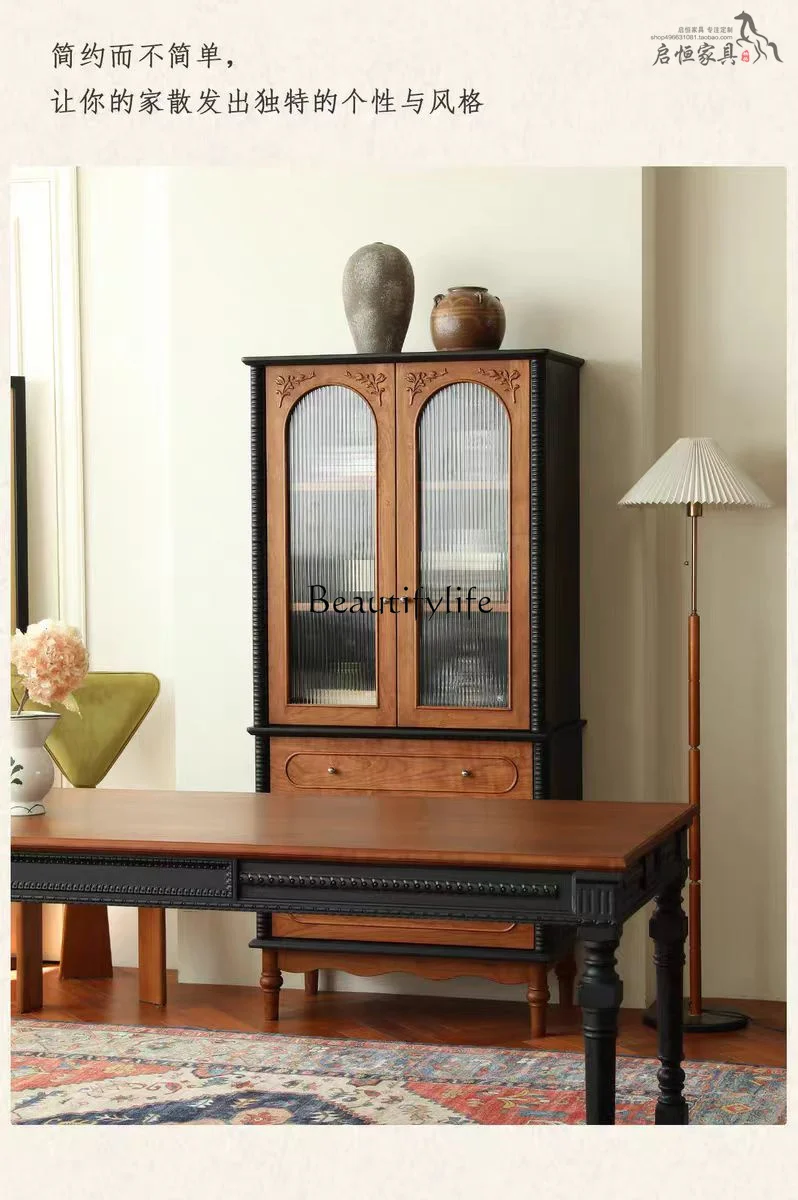 

yj32 French retro solid wood wine cabinet medium antique glass door display decorative cabinet