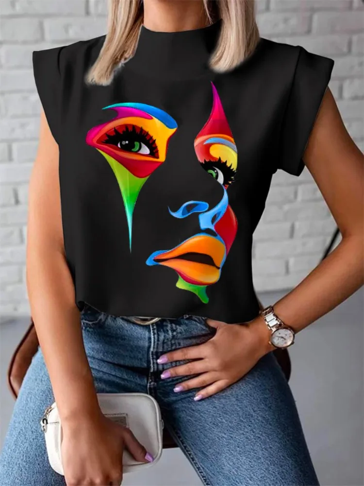 2026 New Summer Women's Colorful Abstract Art Face Printed Mock Neck Cap Sleeves Tops Casual Streetwear Fashion Graphic Tees