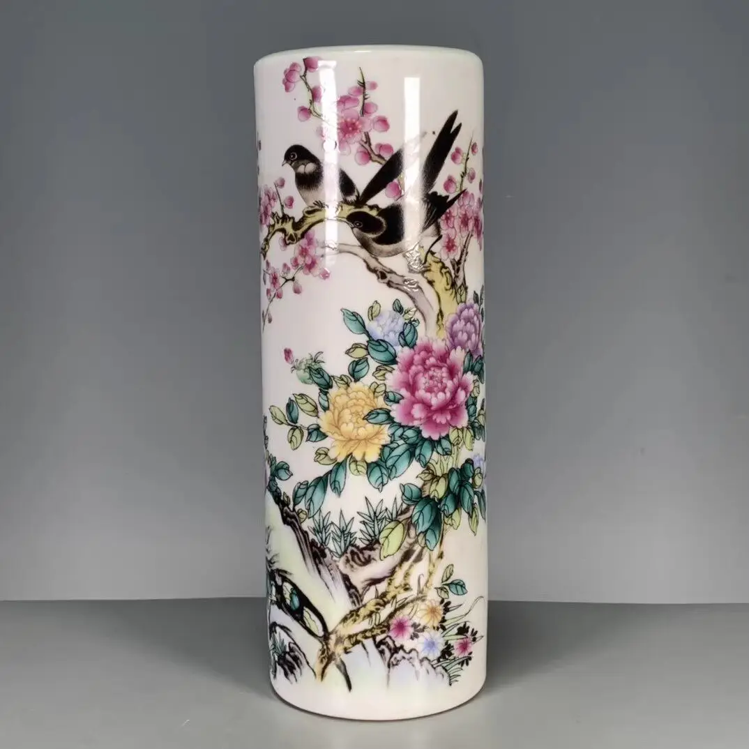 Qing Guangxu Famille Rose Incense Holder Vase Joy on Eyebrows Antique Style Pen Holder Floral Decor