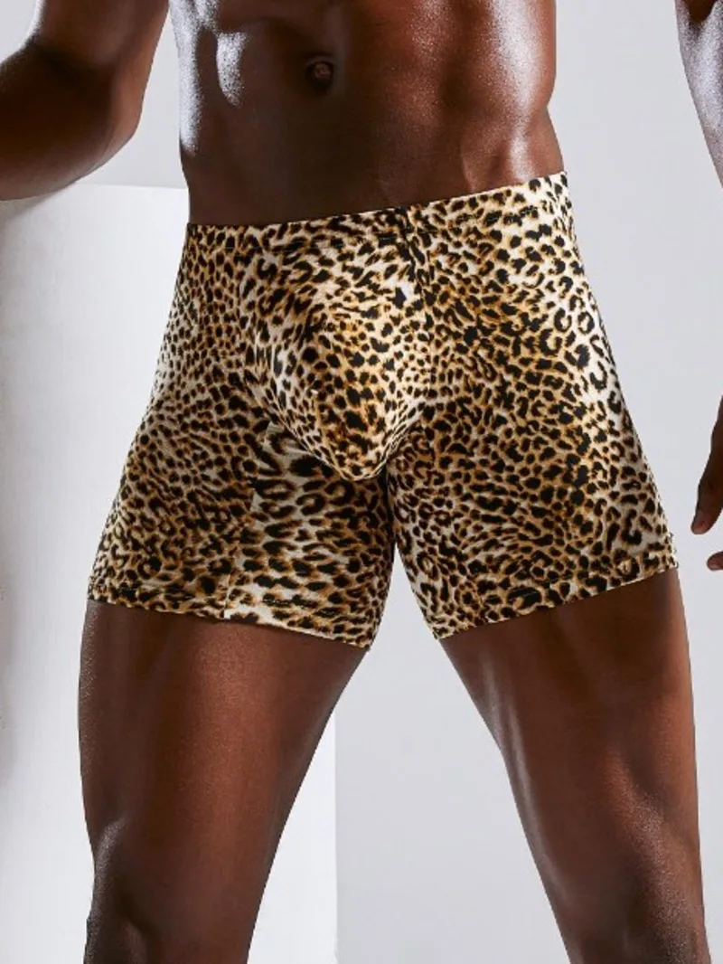 Men's Large U Convex Long Flat Corner Pants Leopard Print Pattern Sexy Tight Fitting Comfort Summer Beach Fashion  Shorts A9B2