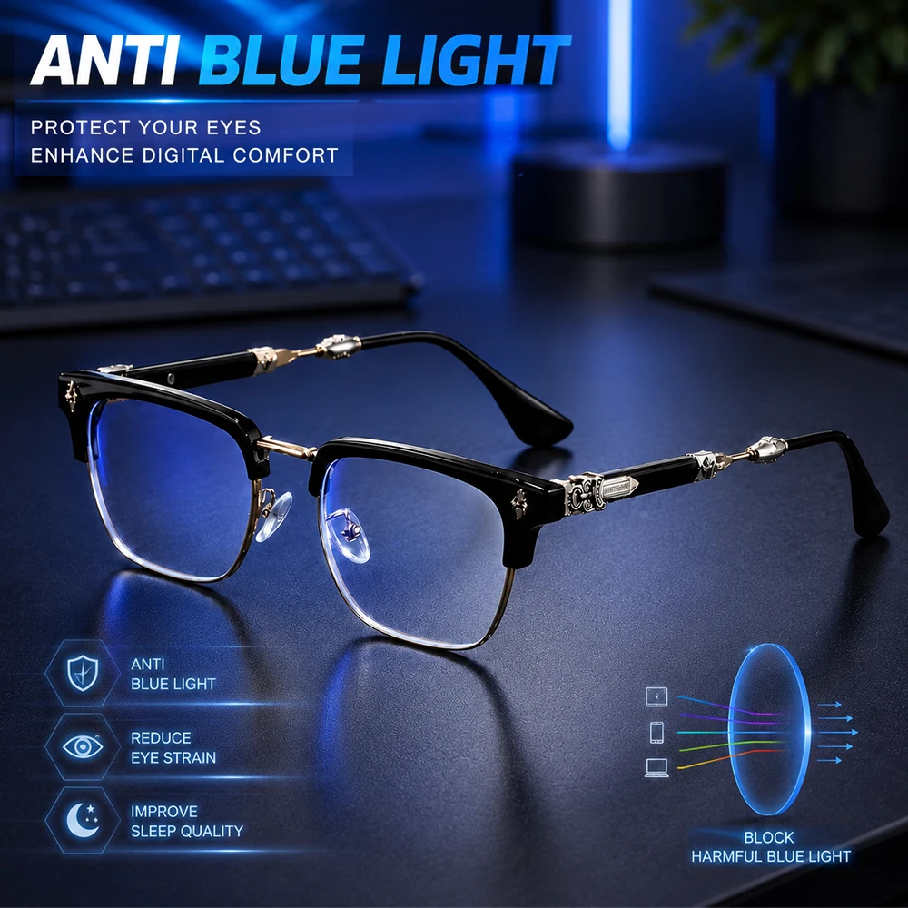 Vintage Blaulichtfilter-Brille mit Kreuzgravur für Männer und Frauen, Luxuriöse Halbrand-Quadratbrille, Retro-Computer-Gaming-Brille – Detail 1