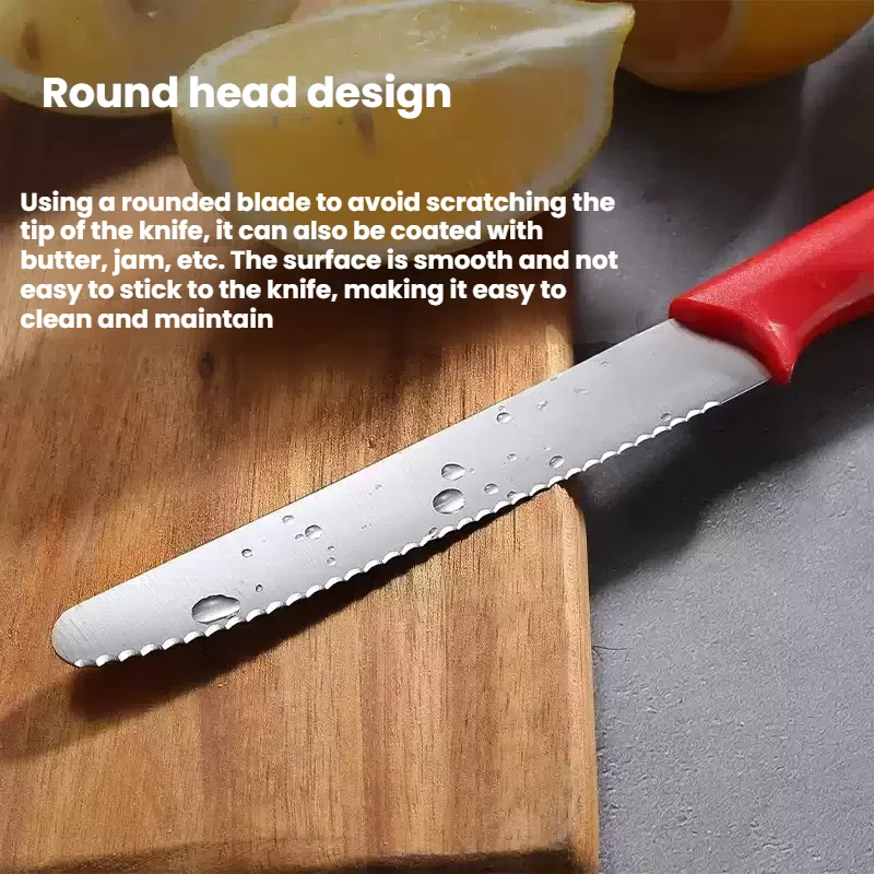 Gezahntes Steakmesser, Edelstahl-Steakmesser mit spitzem Schwanz-Kunststoffgriff, multifunktionales Brot-Dessertmesser für die Küche – Detail 5