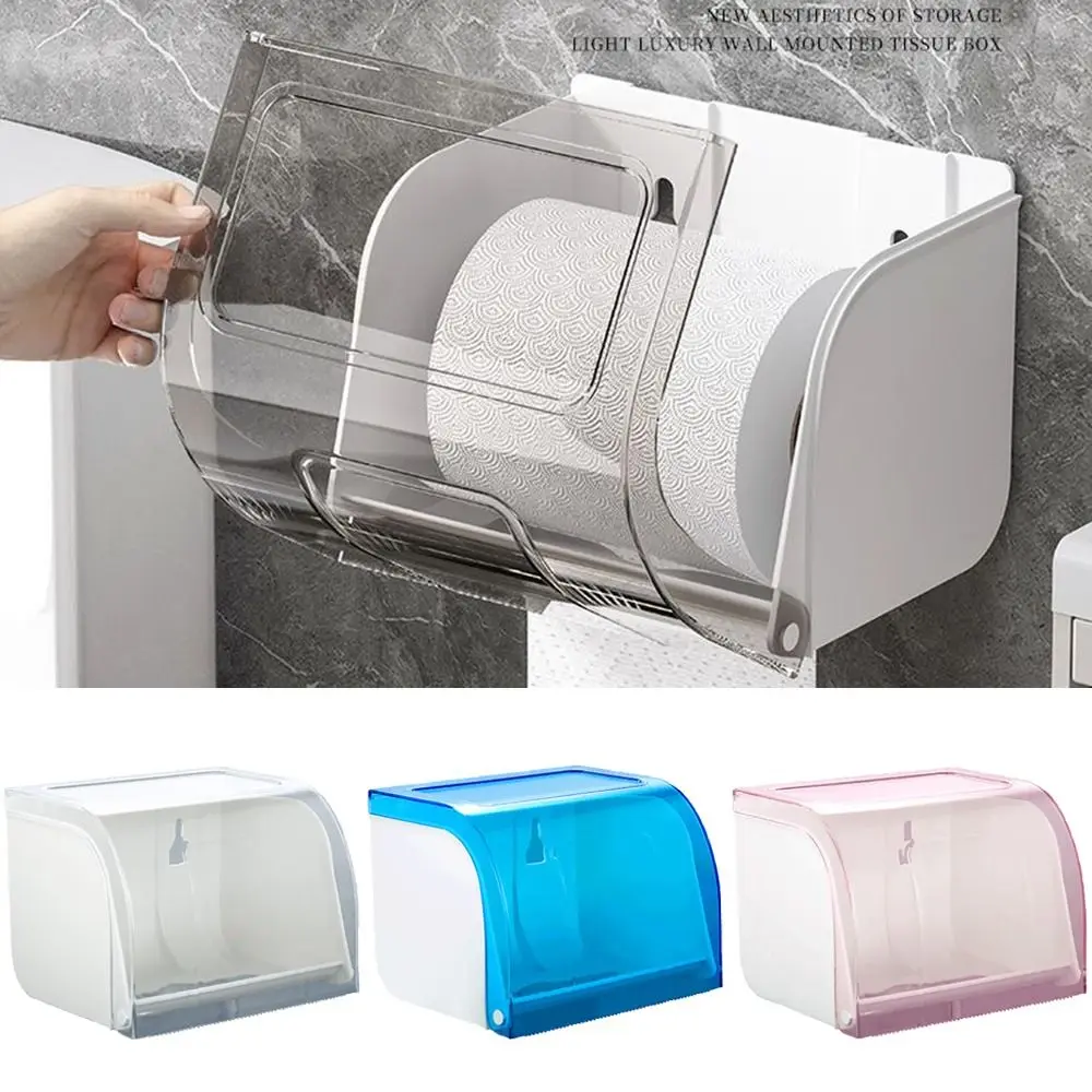 Waterproof Toilet Paper Holder Strong Bearing Capacity Self Adhesive Bathroom Tissue Box Clear Cover Widen Paper Outlet