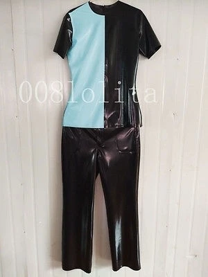 

Latex Rubber fashion Black and light blue sport short sleeve Catsuit Halloween