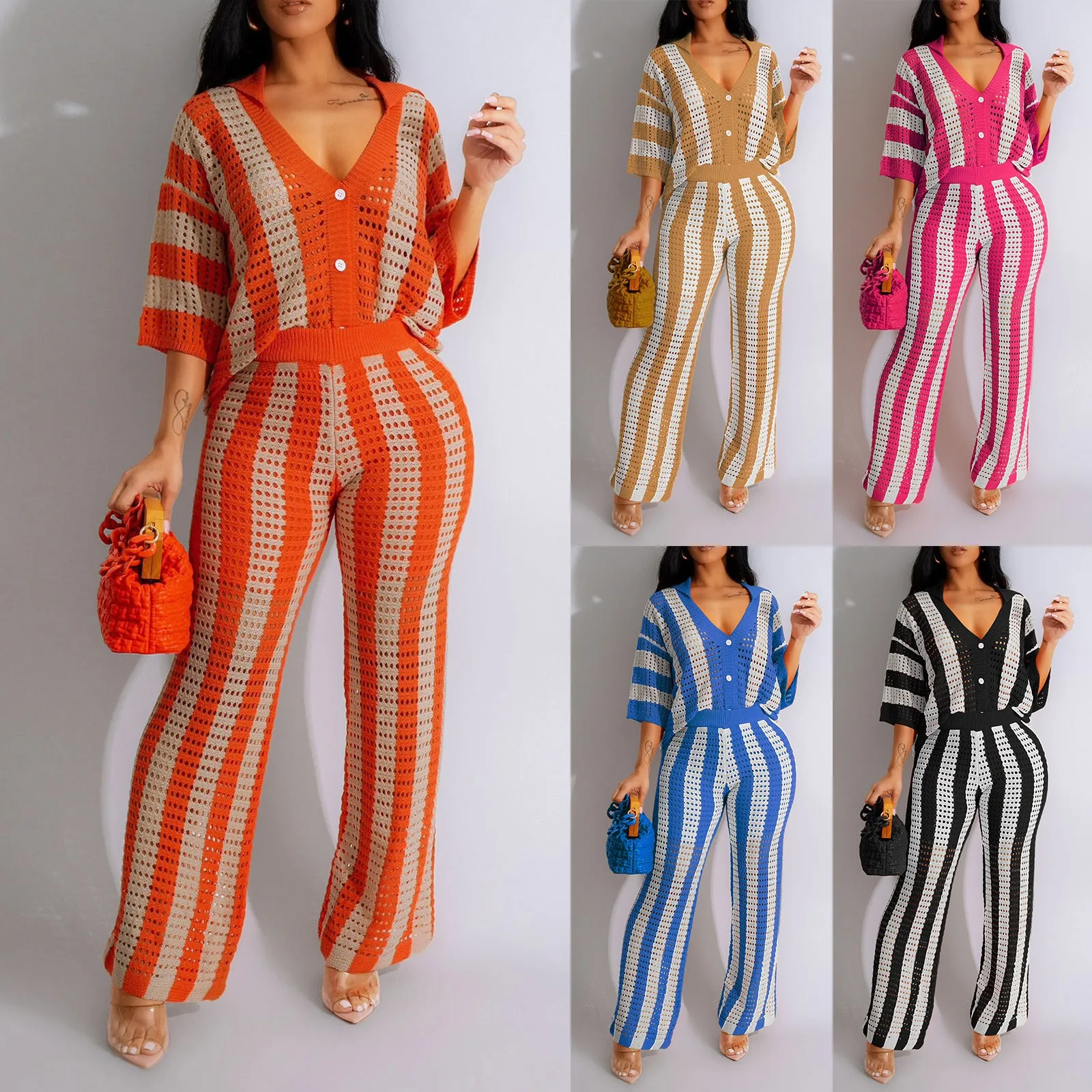 Striped Knitted Pants Set Womens 2 Piece Crochet Knit Short Sleeve Button Hollow Shirt Wide Leg Pants Beach Vacation Outfits