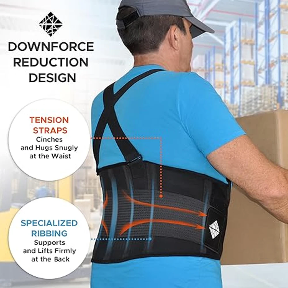 Heavy Duty Back Brace with Suspenders - Adjustable Lumbar Support Belt for Construction, Warehouse, Work Injury Prevention - Men