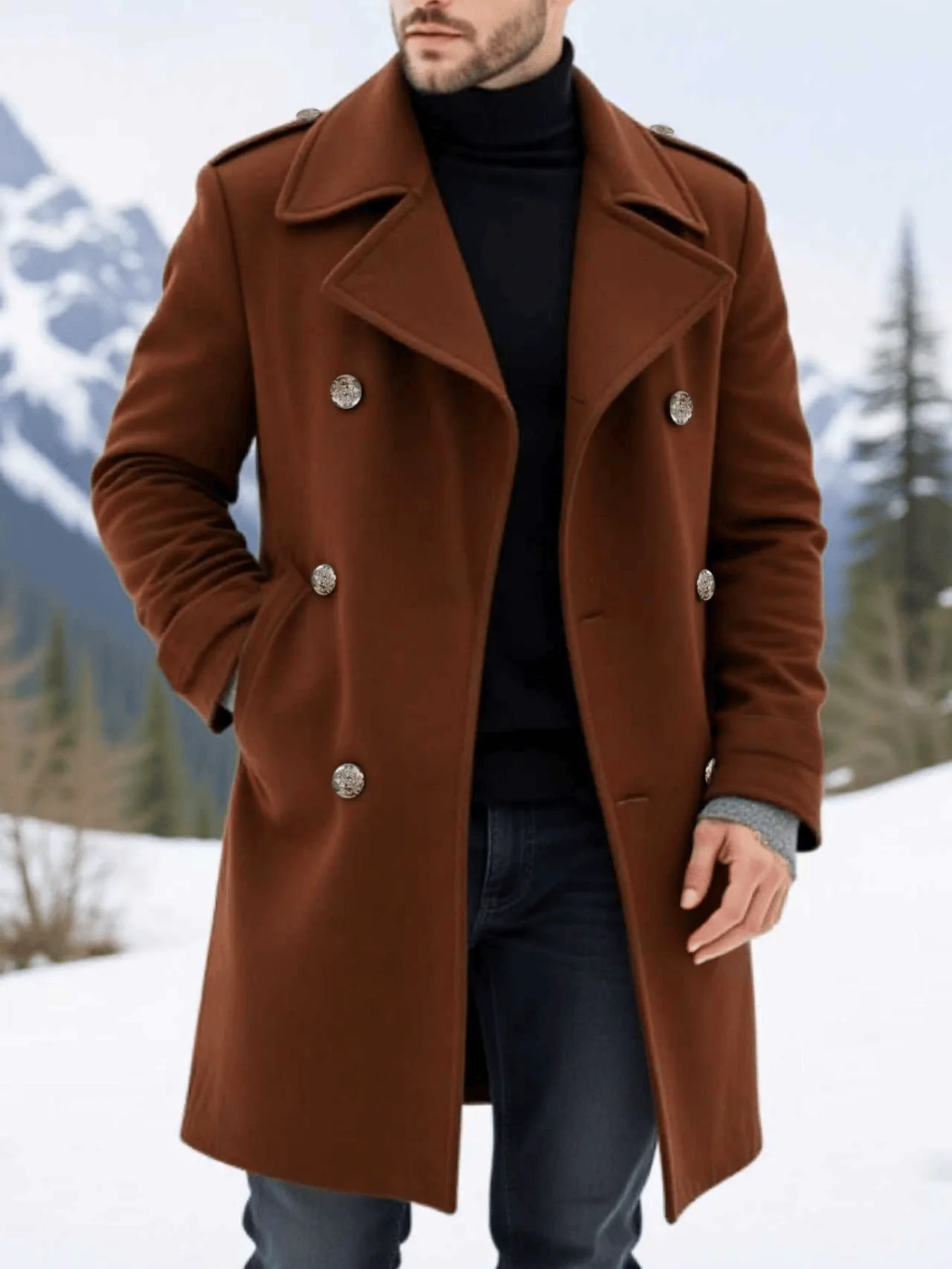 

Winter Men's Solid Ocercoat: Double-Breasted Jacket In Woolenen Fabric, Thickened Lining For Ultimate Warmth - New Arrival Coats